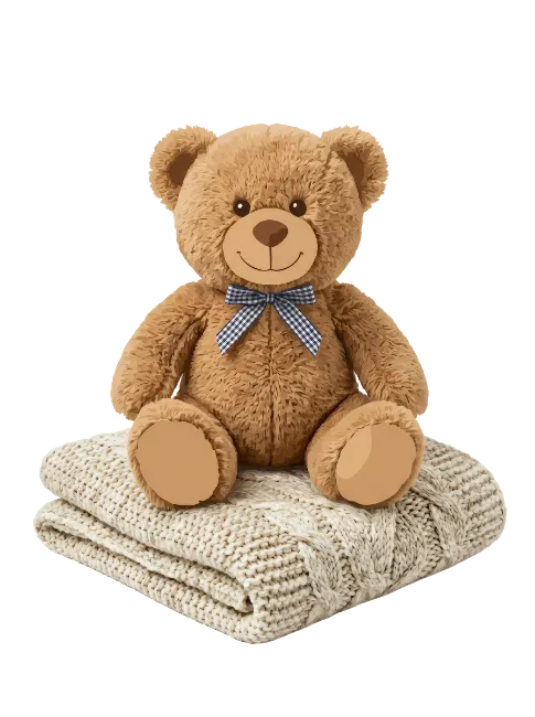 Cute Brown Teddy Bear Sitting on Knitted Blanket