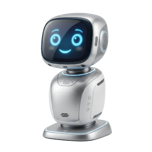 Cute Silver Companion Robot with Blue Eyes