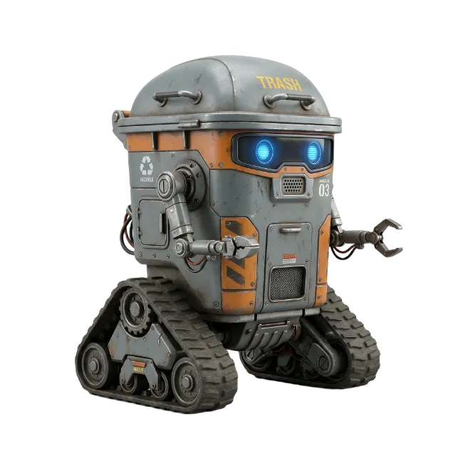 Cute Trash Can Robot with Glowing Blue Eyes