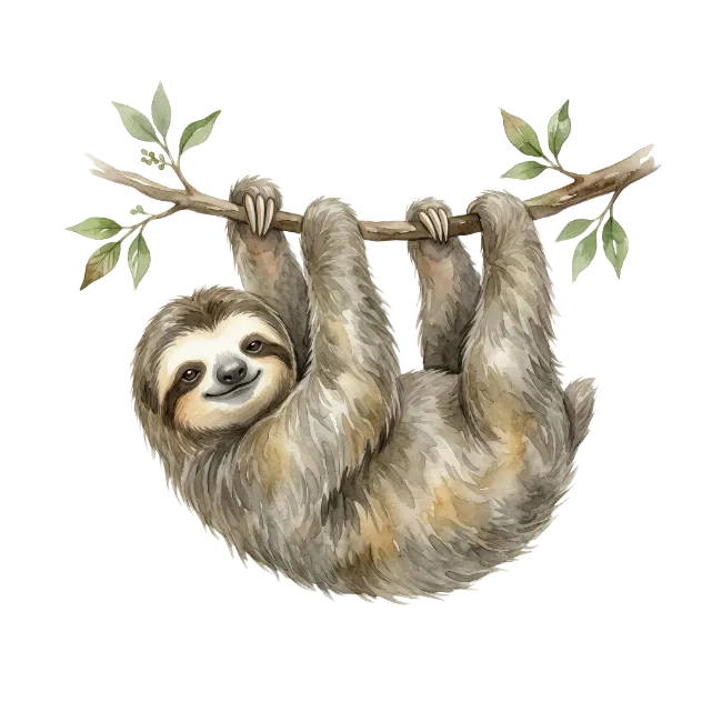 Cute Watercolor Sloth Hanging on Branch