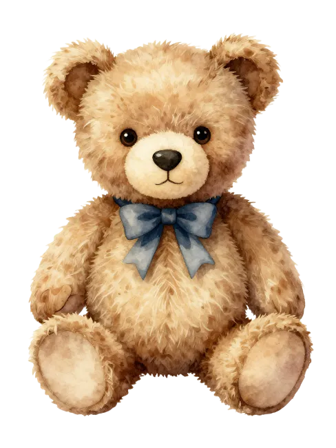 Cute watercolor teddy bear with blue bow
