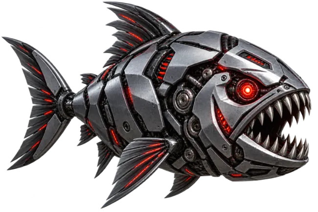 Cybernetic Mechanical Fish with Red Glowing Eye