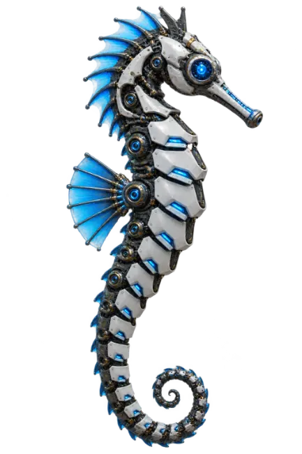 Cybernetic Mechanical Seahorse with Glowing Blue Lights