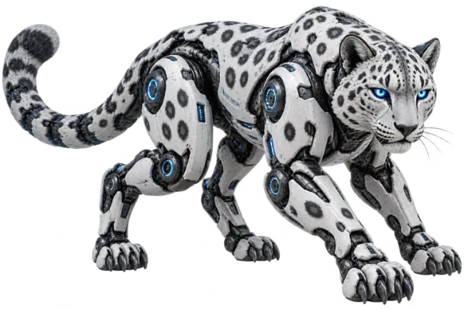Cybernetic Snow Leopard Robot with Glowing Blue Eyes