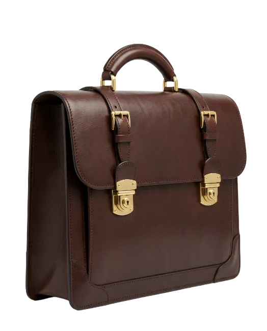 Dark Brown Leather Briefcase with Gold Buckles