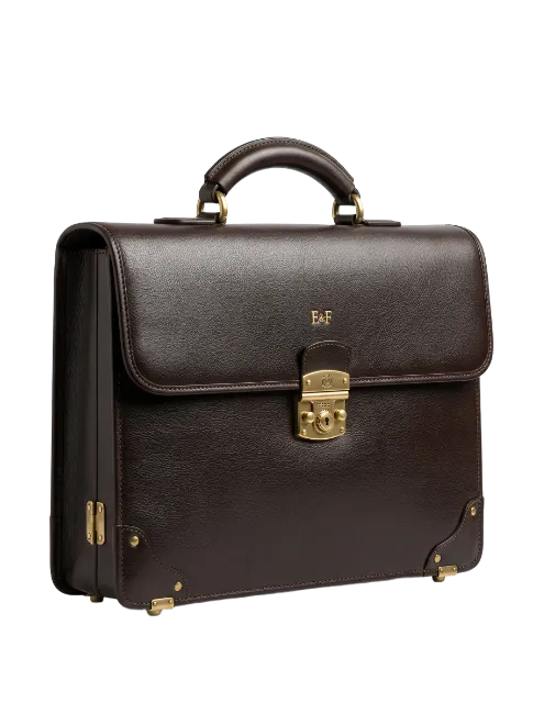 Dark Brown Leather Briefcase with Gold Hardware