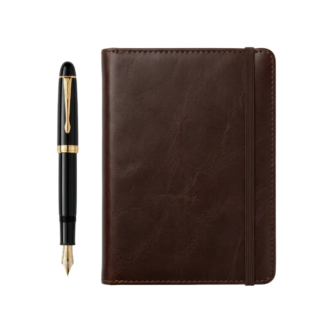 Dark Brown Leather Notebook and Fountain Pen