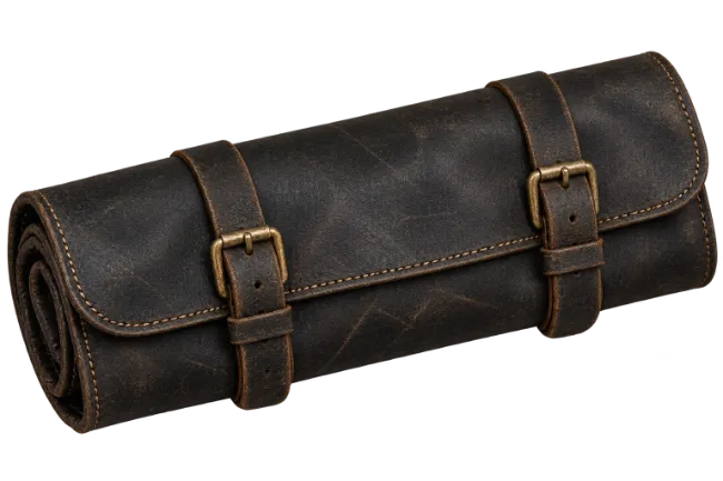 Dark Brown Leather Tool Roll with Buckles