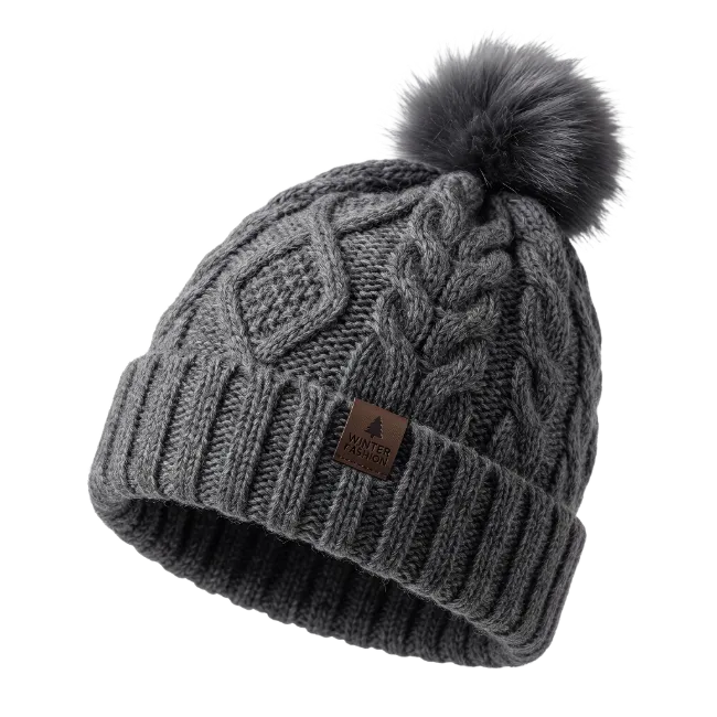 Dark Grey Winter Beanie With Faux Fur Pom Pom