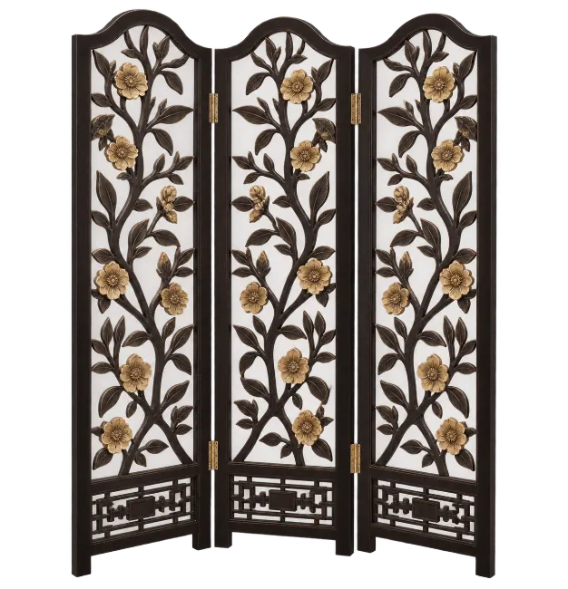 Dark Wood Room Divider with Floral Carvings