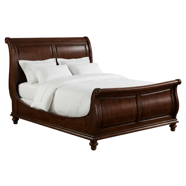 Dark Wooden Sleigh Bed with White Linens