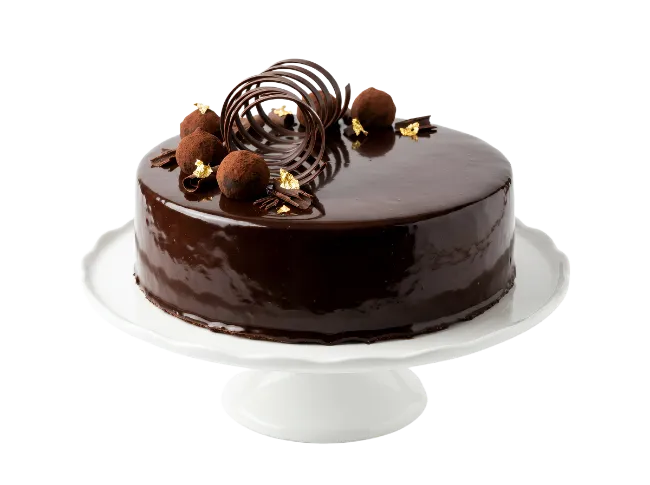 Decadent Chocolate Cake on White Cake Stand