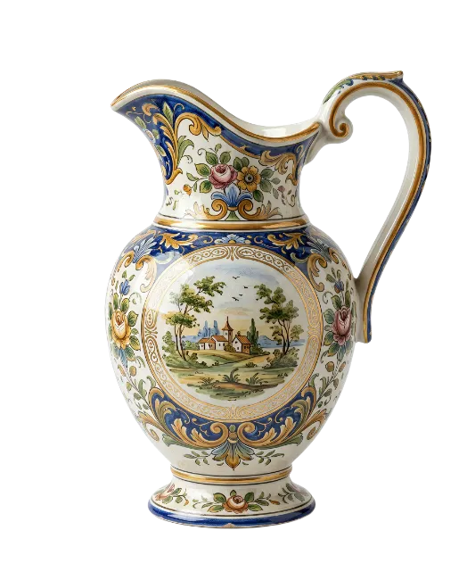 Decorated Ceramic Pitcher with Landscape Painting