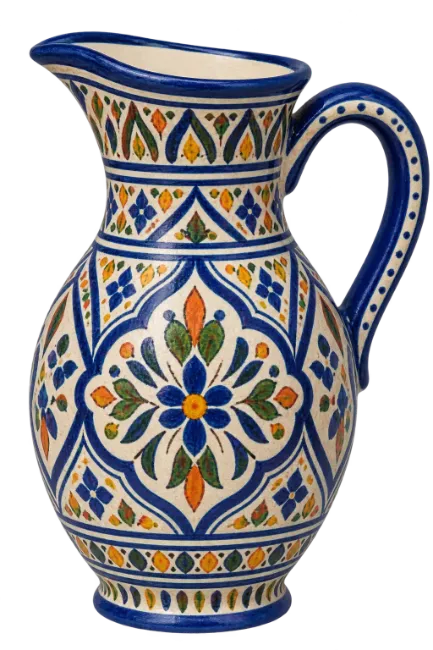 Decorative ceramic pitcher with intricate blue and orange floral pattern