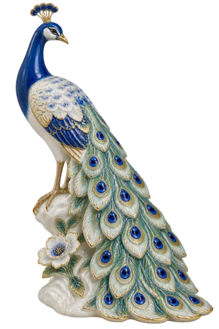 Decorative Porcelain Peacock Figurine with Blue and Gold Accents