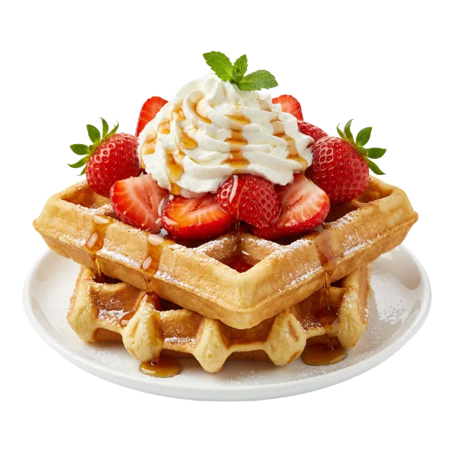Delicious Belgian waffles with whipped cream and strawberries