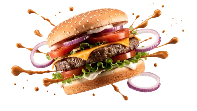 Delicious Juicy Cheeseburger with Flying Ingredients
