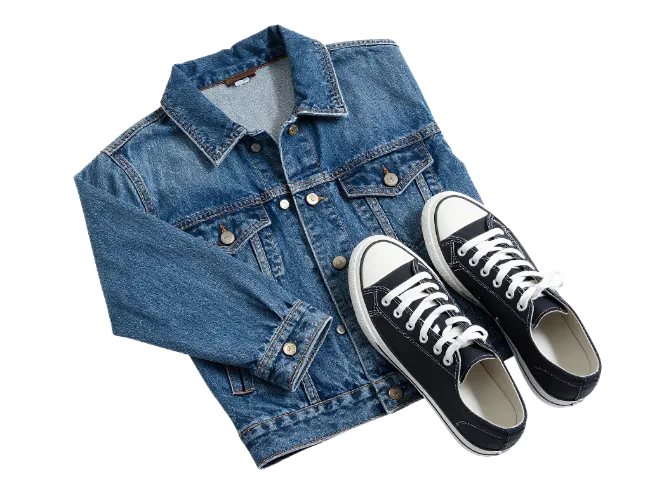 Denim jacket and black sneakers