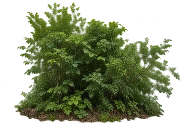 Dense Green Bush with Leaves and Ground Soil