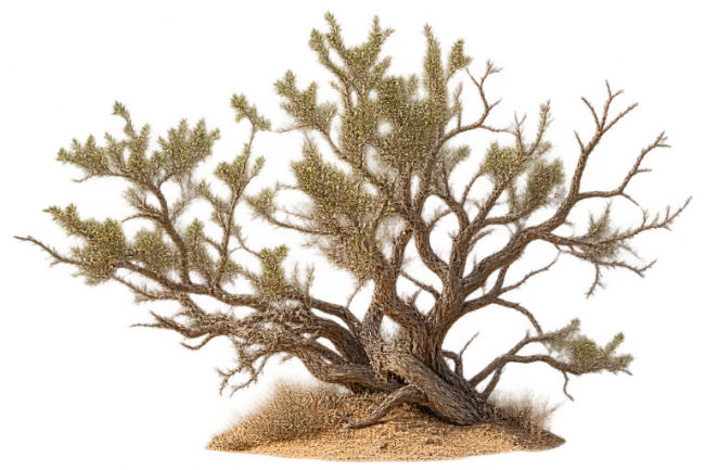 Desert Bush Tree with Gnarled Branches and Sandy Ground
