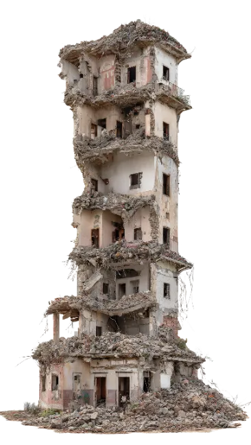 Destroyed multi story building ruin