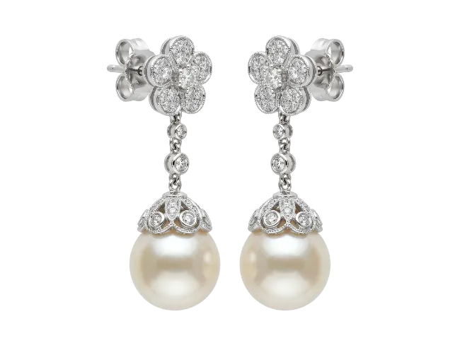 Diamond and Pearl Drop Earrings