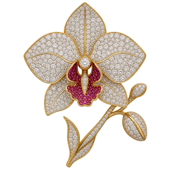 Diamond and Ruby Orchid Flower Brooch