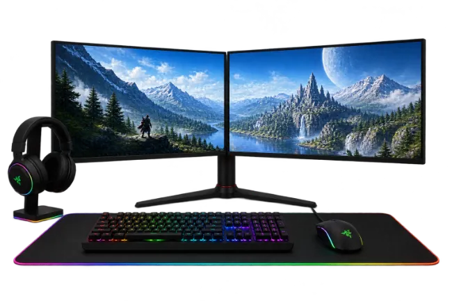Dual Monitor Gaming Setup with RGB Keyboard and Mouse