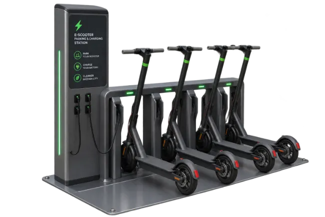 E-Scooter Parking and Charging Station with Scooters