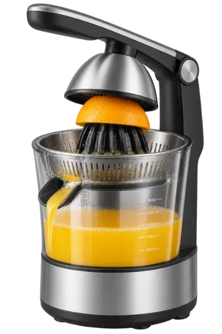 Electric citrus juicer with fresh orange juice