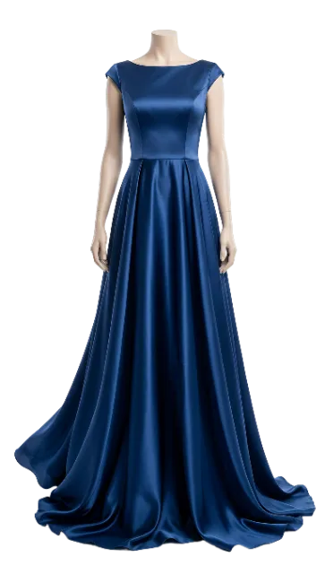 Elegant Blue Satin Evening Gown on Mannequin