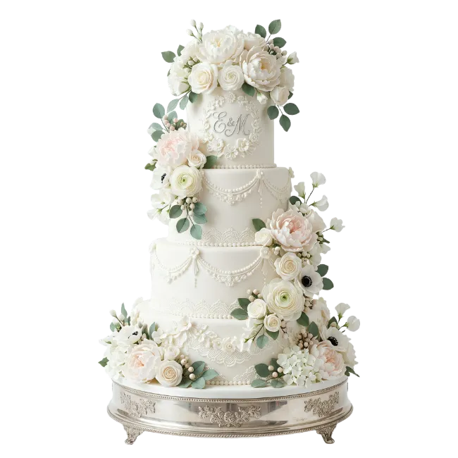 Elegant multi tier white wedding cake with flowers