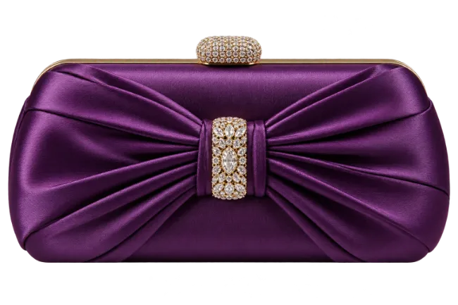 Elegant Purple Silk Clutch Purse with Rhinestone Bow