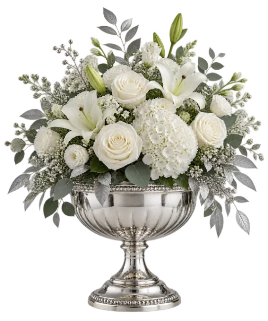 Elegant White Flower Arrangement in Silver Urn