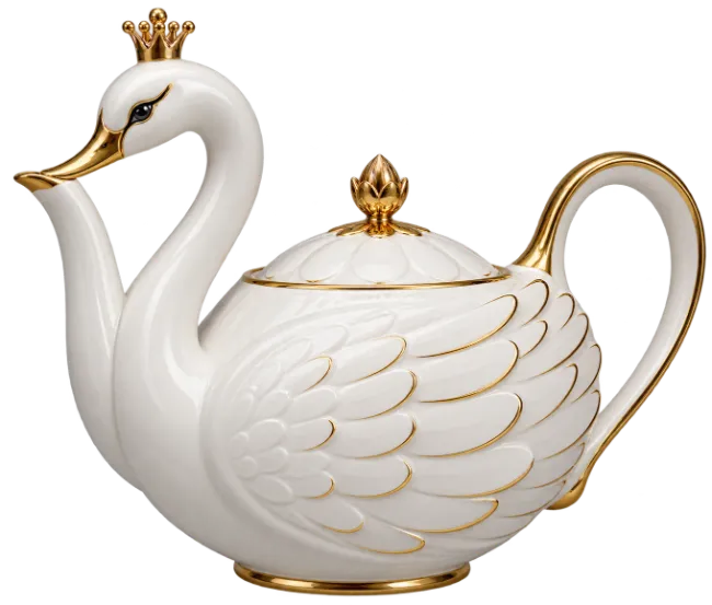 Elegant White Porcelain Swan Shaped Teapot with Gold Trim