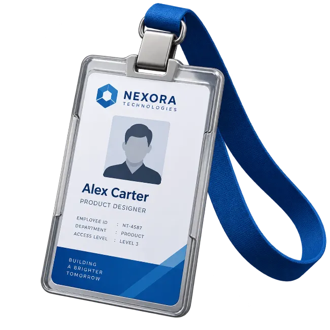 Employee Identity Card Badge in Plastic Holder with Blue Lanyard