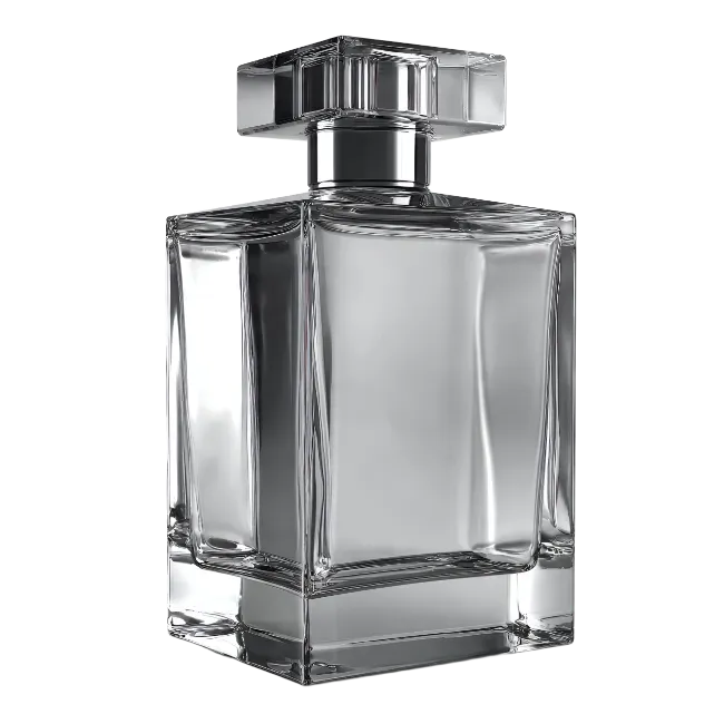 Empty glass perfume bottle with square cap