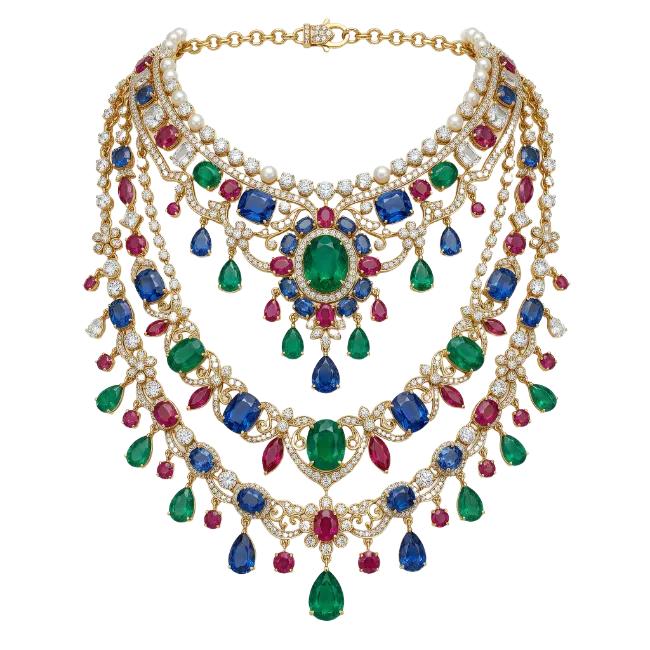 Exquisite multi strand gemstone and diamond necklace