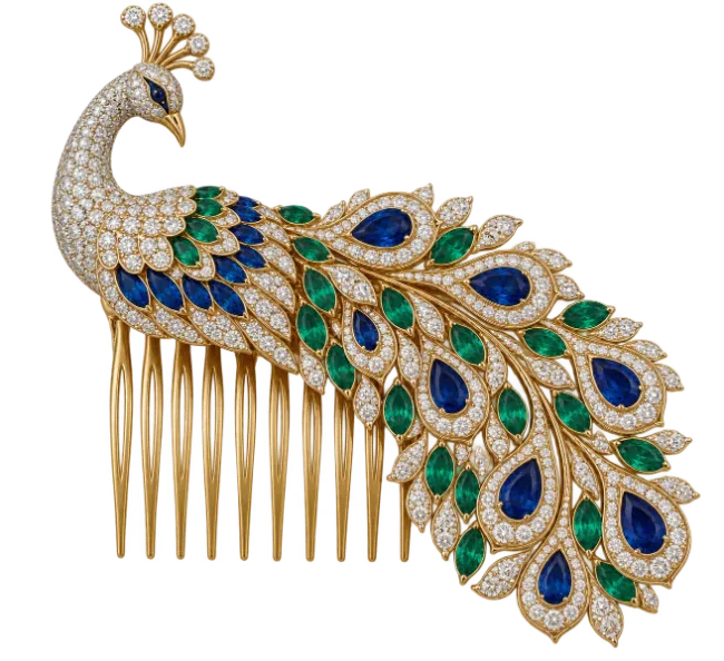 Exquisite Peacock Hair Comb with Diamonds Sapphires and Emeralds