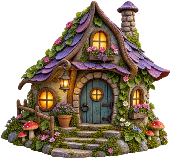 Fairy tale fantasy cottage with purple roof and flowers