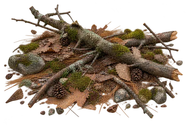 Fallen Forest Branches with Moss Autumn Leaves and Pine Cones