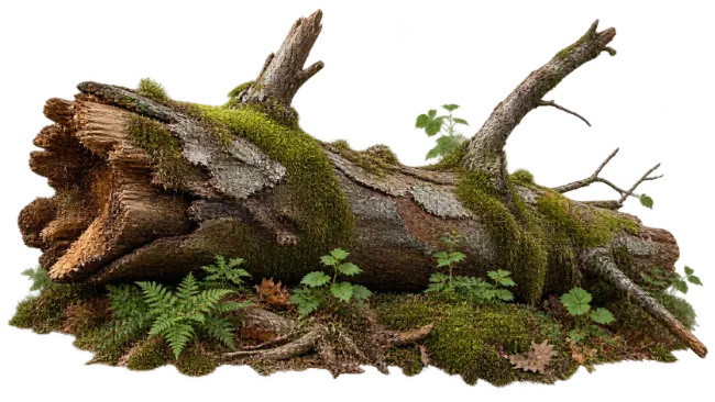 Fallen Hollow Tree Log with Green Moss and Ferns