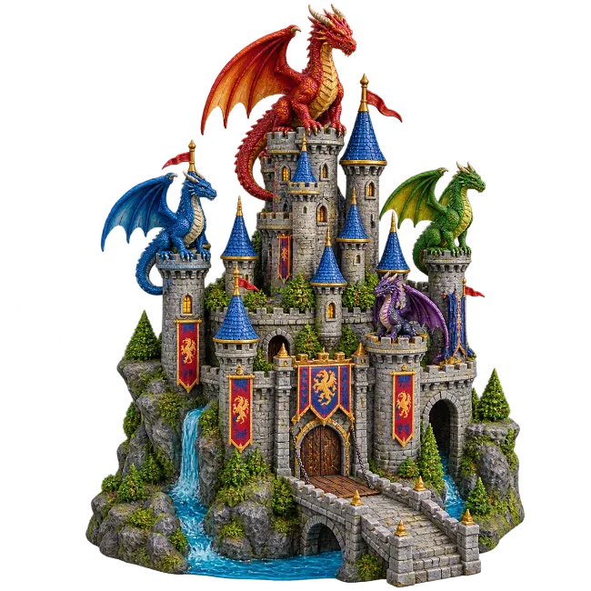 Fantasy Castle with Colorful Dragons
