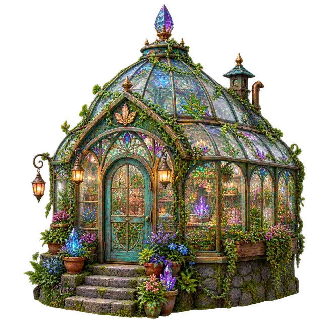 Fantasy Greenhouse with Stained Glass and Crystals