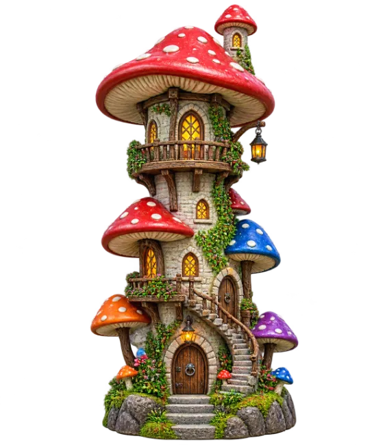 Fantasy Mushroom House Tower with Colorful Caps
