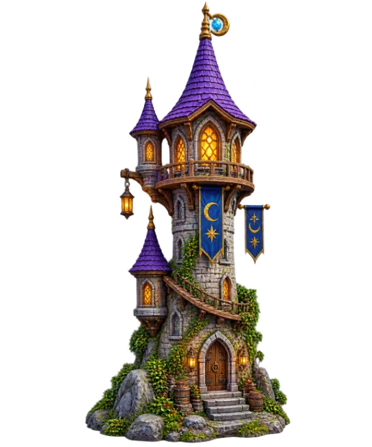 Fantasy Stone Tower With Purple Roof And Banners