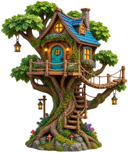 Fantasy Tree House with Blue Roof