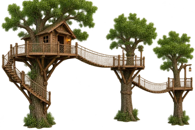 Fantasy Treehouse With Wooden Bridges