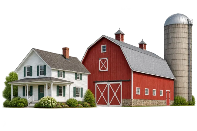 Farmhouse with Red Barn and Silo