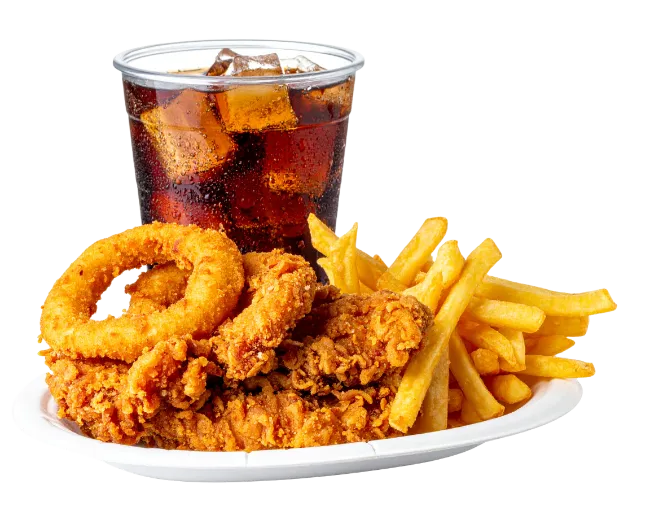 Fast food combo meal with fried chicken, onion rings, french fries, and cola
